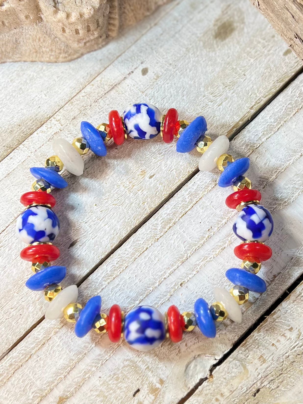 Rebecca Recycled Glass Bead Bracelet Red, White and Blue
