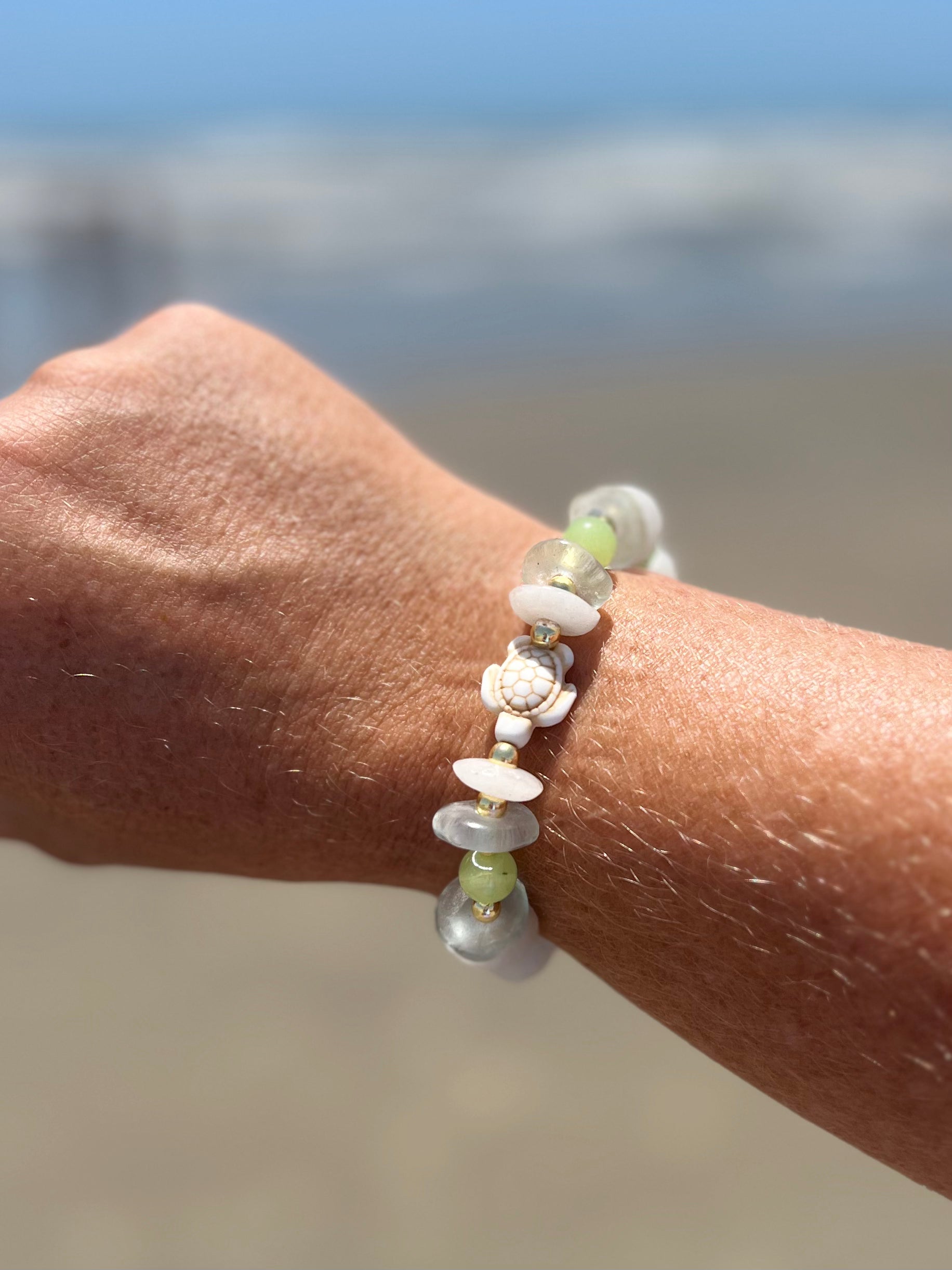 Mira Sea Turtle Recycled Glass/Czech Bead and Jade Bracelet