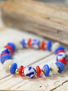Red, white and blue recycled glass bead bracelet 