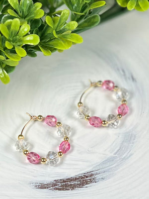Tammy Pink and Clear Czech Glass Bead Hoops